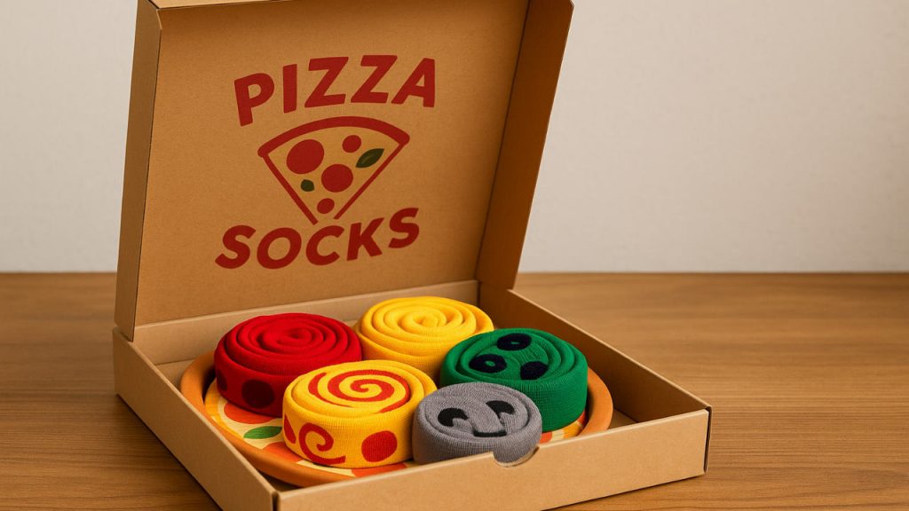 Kreativ verpackte Socken im Pizzastück-Design – witziges Geschenk für Pizza-Fans