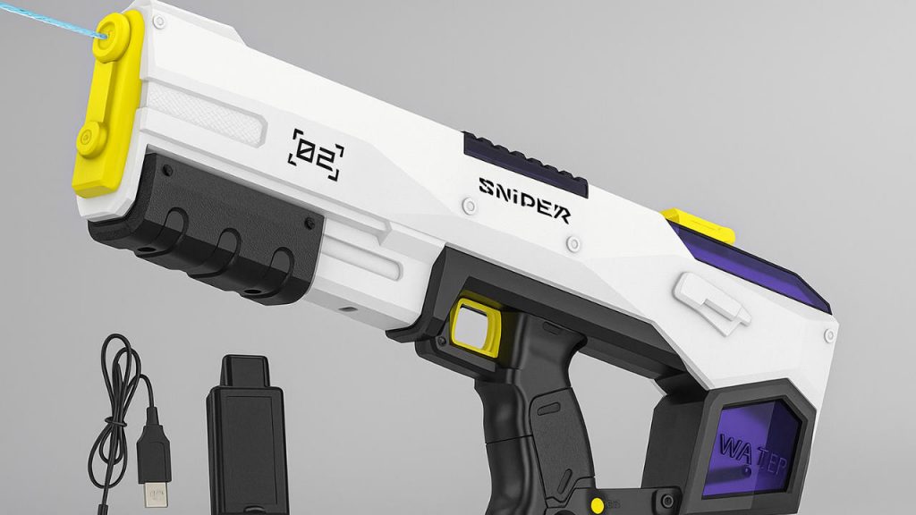 Elektrische Wasserpistole in modernem Design mit Akku und USB-Ladekabel – ideal für Sommer, Pool und Wasserschlachten